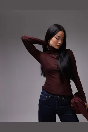 ARKET Merino wool knitted rib semi-sheer turtle neck top in burgundy