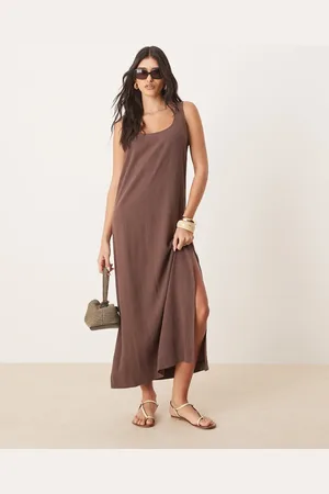 ASOS Scoop neck midi dress in linen in bitter chocolate