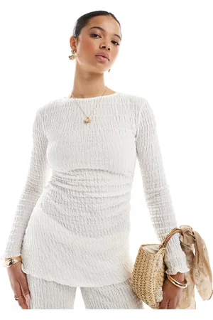 Pull&Bear Textured long sleeve asymmetric top co-ord in ecru