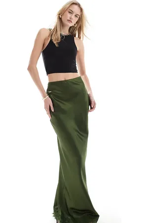 ASOS ASOS DESIGN Tall satin maxi skirt with lace trim in khaki
