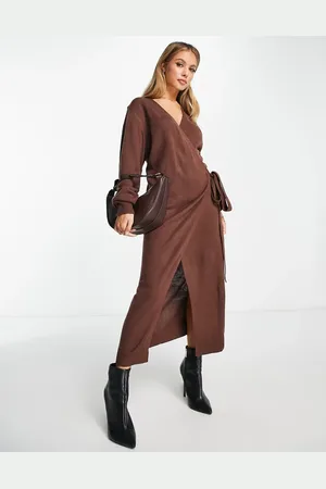 Pretty Lavish Beau wrap knit dress with tie waist in chocolate