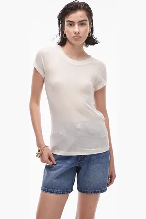 Topshop Premium rib sheer longline tee in off