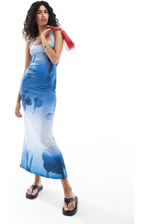 ASOS Bodycon midi dress with halter strap in blue shadow floral print
