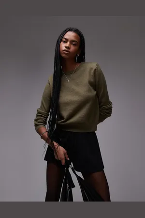 MANGO Shoulder pad crew neck jumper in khaki