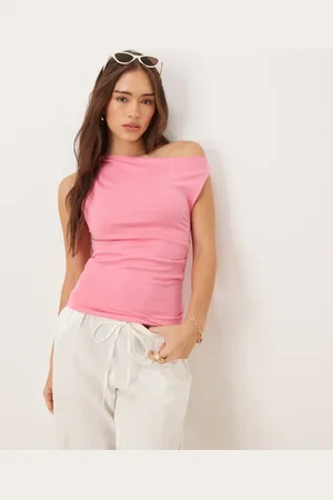 MANGO Slash neck off the shoulder jersey top in