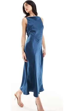 ASOS Satin square neck midi dress with cowl back detail in dark blue