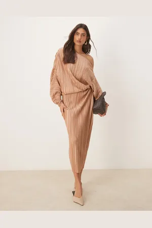 ASOS Plisse fallen shoulder long sleeve midi dress in caramel
