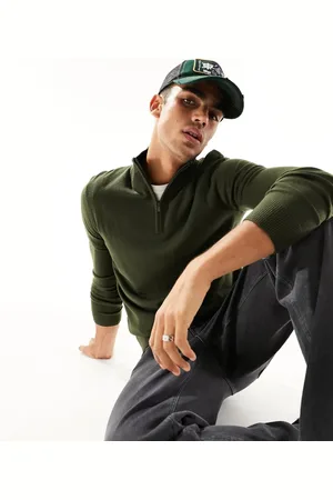 Threadbare Soft touch half zip funnel neck jumper in dark khaki