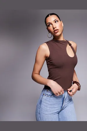 ASOS Fitted keyhole top with bead detail in chocolate