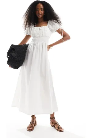 Brave Soul Square neck milkmaid midi dress with puff sleeve in