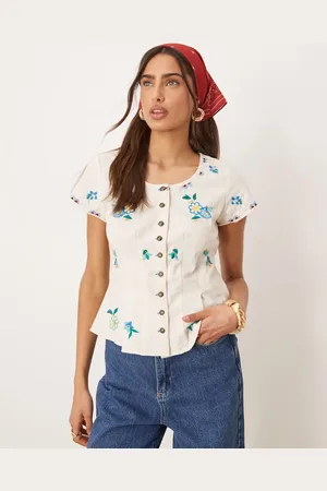 Free People Embroidered button through blouse in ivory