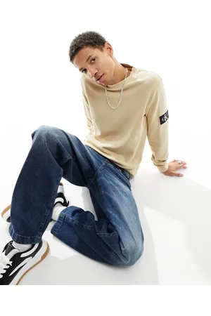 Calvin Klein Badge logo waffle long sleeve t-shirt in sand