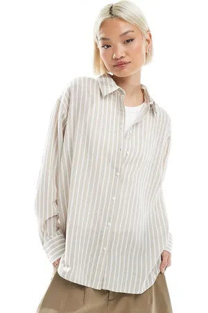 Pimkie Linen blend oversized shirt in beige & white stripe