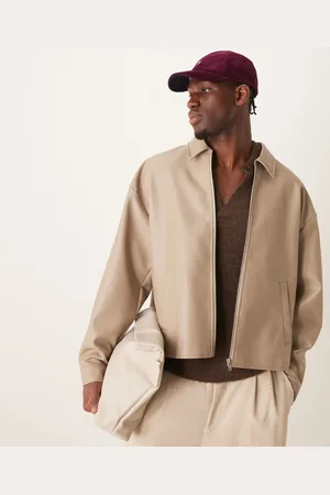 ASOS Faux leather cropped harrington jacket in beige