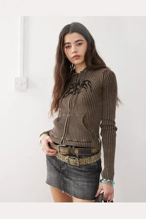Minga London washed print rib zip up hooded cardigan in