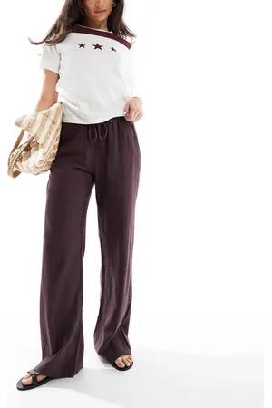 Pull&Bear High waisted linen look trousers in wine