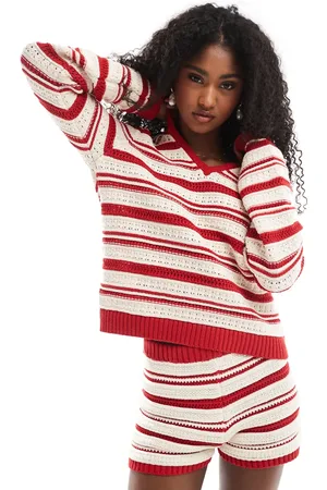 ASOS Crochet look polo top co-ord in red stripe