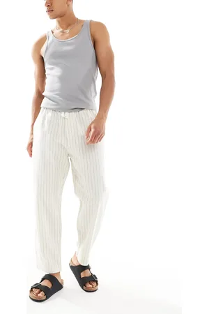 Pull&Bear Linen blend striped trousers in ecru