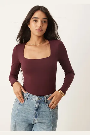 New Look Square neck long sleeve thong bodysuit in burgundy