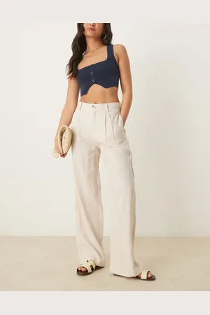 MANGO Linen mix elasticated waist pleat front straight leg trouser in beige