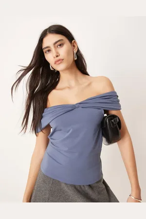 Abercrombie & Fitch Asymmetric twist off shoulder top in indigo