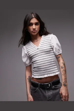 Topshop V neck puff sleeve shirred top in mono stripe