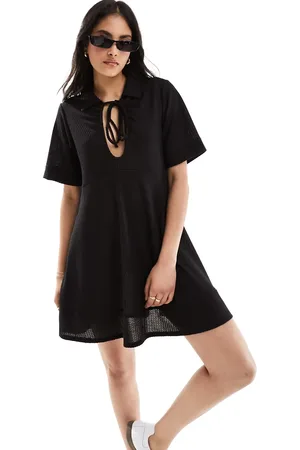 ASOS Waffle tie front smock mini dress in