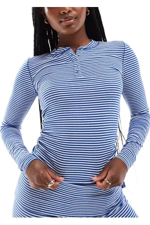 Cotton On Cotton On sleep recovery henley long sleeve pyjama top in blue stripe set