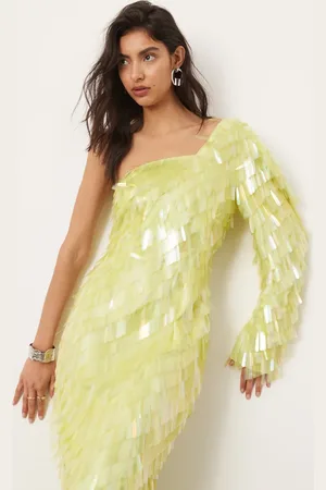 ASOS Allover embellished one shoulder midi dress in lime