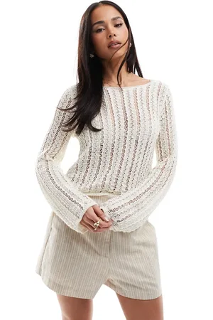 Pieces® Self stripe crochet knit cropped top in cloud