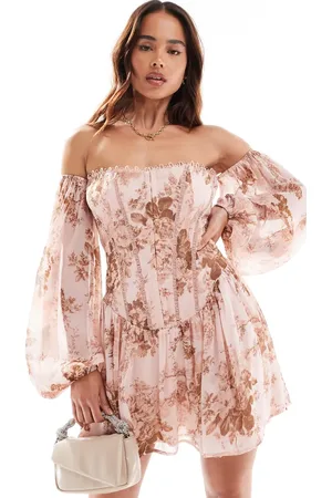 ASOS Bardot corset mini dress with pephem in pink floral print