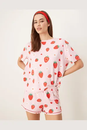 Urban Threads Oversized pyjama top and shorts in strawberry print