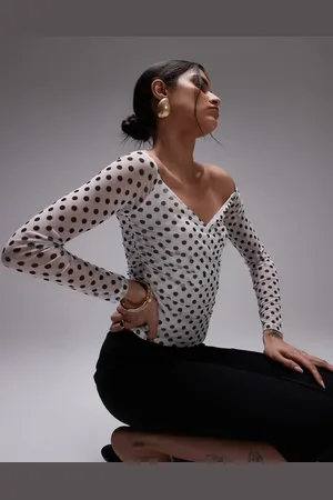 ASOS Mesh wrap bardot top in white polka dot