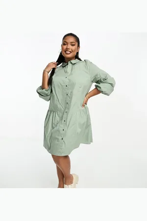 ASOS ASOS DESIGN Curve smock button through gathered detail mini shirt dress in khaki