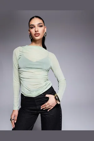 ASOS Long sleeve ruched side mesh top in sage