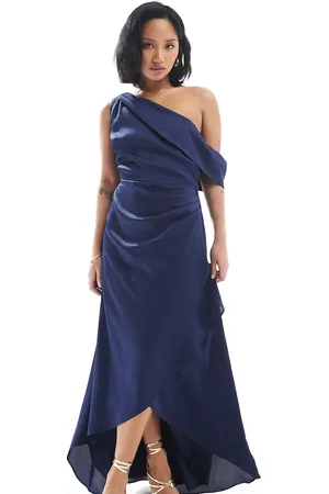 TFNC Bridesmaid satin fallen shoulder maxi dress with wrap skirt in