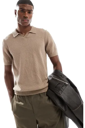 JACK & JONES Premium split neck boucle texture polo shirt in tan