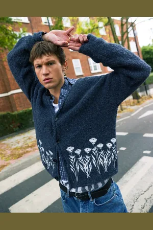Topman Relaxed boucle cardigan with white floral embroidery