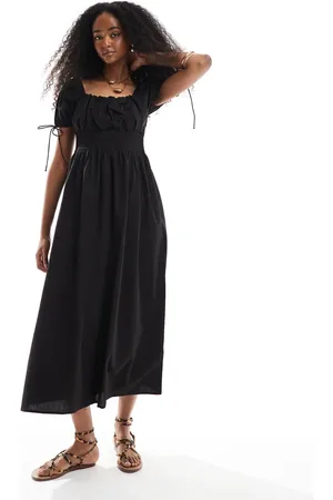 Brave Soul Square neck milkmaid midi dress with puff sleeve in