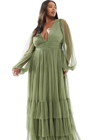 Lace & Beads Bridesmaid Madison long sleeve maxi dress in soft olive