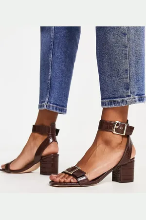 London Rebel Block heel sandals in patent chocolate croc