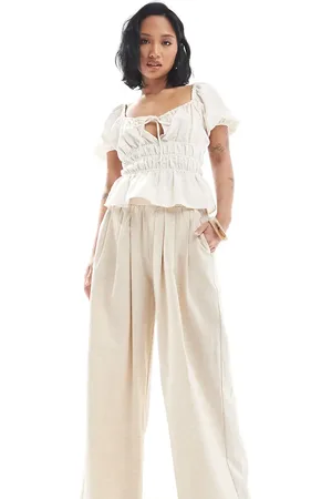 4th & Reckless Exclusive linen blend tailored ruched waistband wide leg trousers in beige