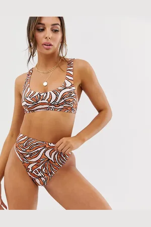 ASOS High leg high waist bikini bottom in linear graphic print