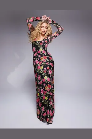 AFRM Ruby long sleeve plunge maxi dress in wallpaper rose print