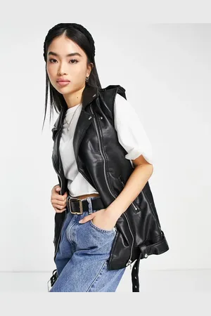 Stradivarius Faux leather longline sleeveless biker jacket with belt in