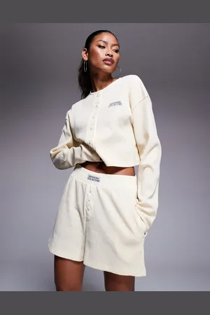 ASOS Weekend Collective co-ord waffle button top with nylon in buttermilk