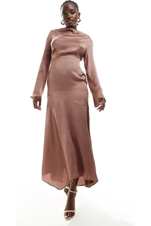 ASOS High neck satin asymmetric hem maxi dress in chocolate