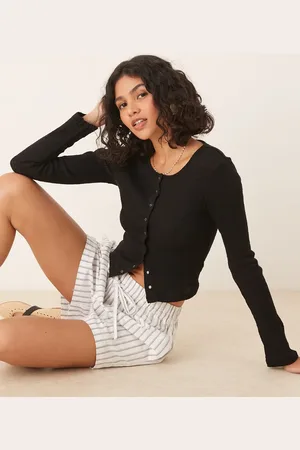 Gina Tricot Button front rib long sleeve top in