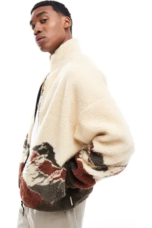 JACK & JONES Mountain print zip through borg fleece in beige