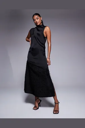 ASOS Asymmetric column fringe hem satin midi dress in